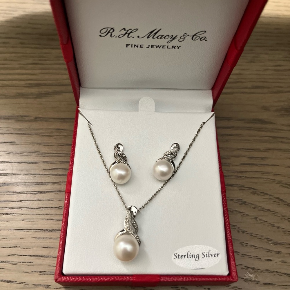 Macy's Sterling Silver and Pearl Earring Set